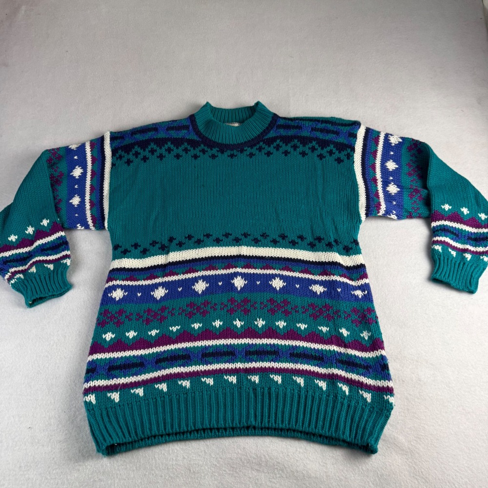 Gina Peters Vintage Teal Geometric Fair Isle Knit Sweater Women's Medium 80s 90s
